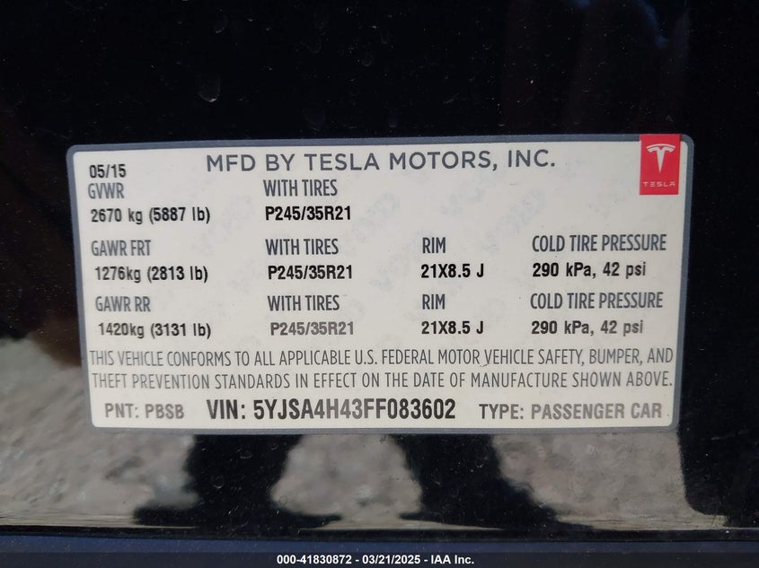 2015 TESLA MODEL S VIN: 5YJSA4H43FF083602
