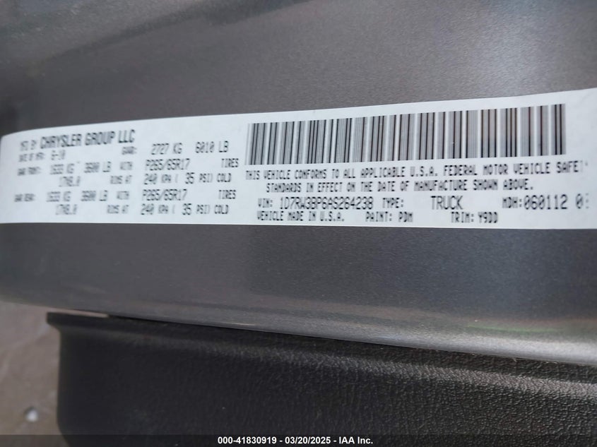 2010 DODGE DAKOTA VIN: 1D7RW3BP6AS264238