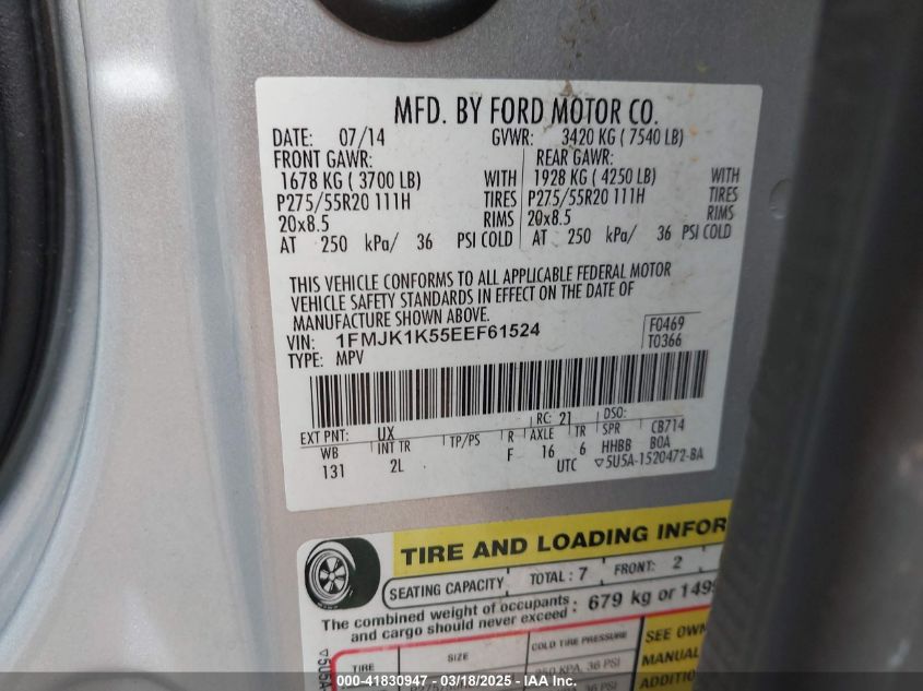 2014 Ford Expedition El Limited VIN: 1FMJK1K55EEF61524 Lot: 42575692