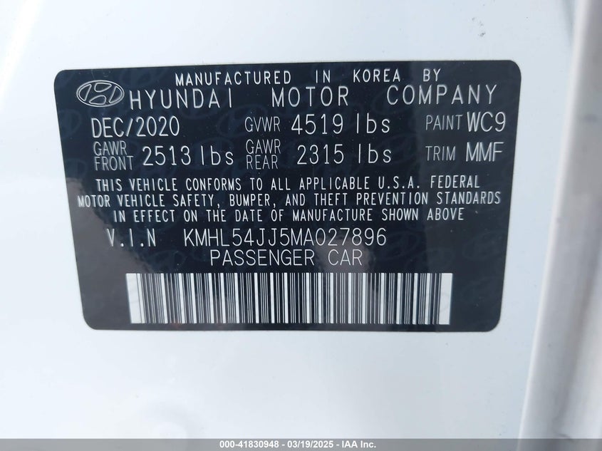2021 HYUNDAI SONATA VIN: KMHL54JJ5MA027896