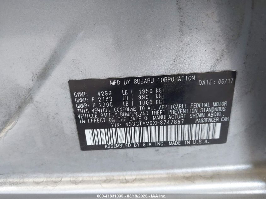 2017 Subaru Impreza 2.0I Sport VIN: 4S3GTAM6XH3747867 Lot: 41831035