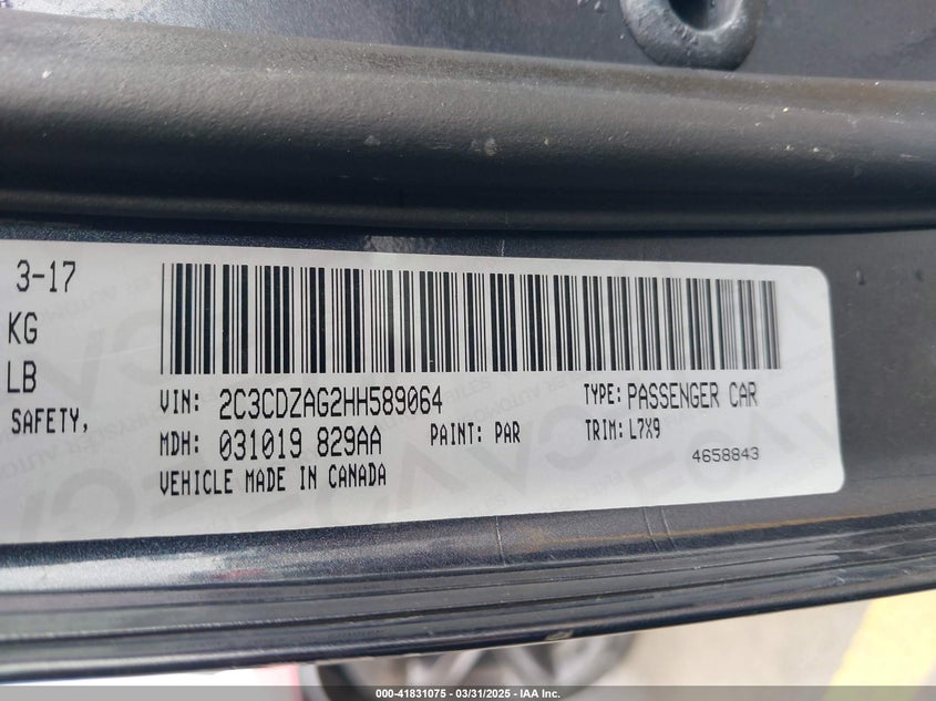 2017 DODGE CHALLENGER VIN: 2C3CDZAG2HH589064