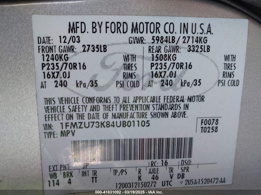 2004 Ford Explorer Nbx/Xlt VIN: 1FMZU73K84UB01105 Lot: 41831092