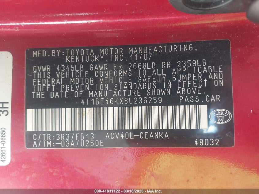 2008 TOYOTA CAMRY VIN: 4T1BE46KX8U236259