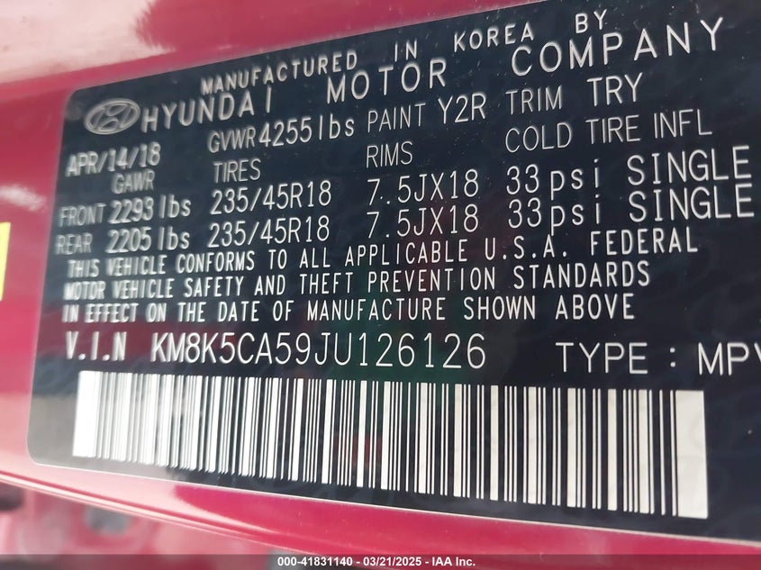 2018 Hyundai Kona Ultimate VIN: KM8K5CA59JU126126 Lot: 41831140