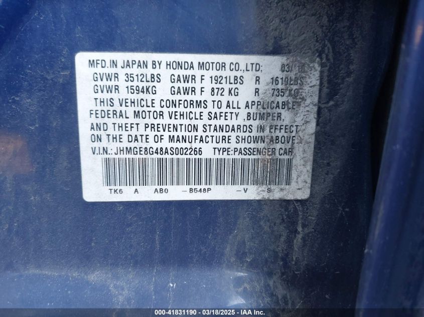 2010 Honda Fit Sport VIN: JHMGE8G48AS002266 Lot: 41831190