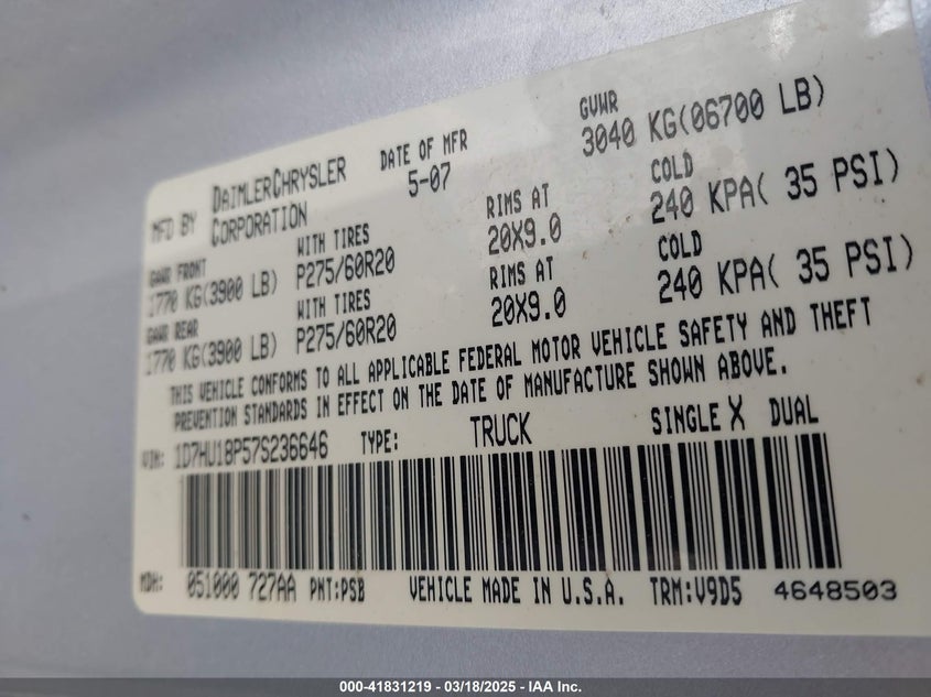 2007 DODGE RAM 1500 VIN: 1D7HU18P57S236646