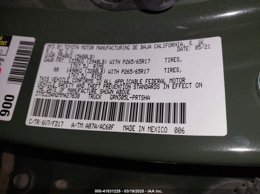 2021 TOYOTA TACOMA VIN: 3TMCZ5AN2MM427838