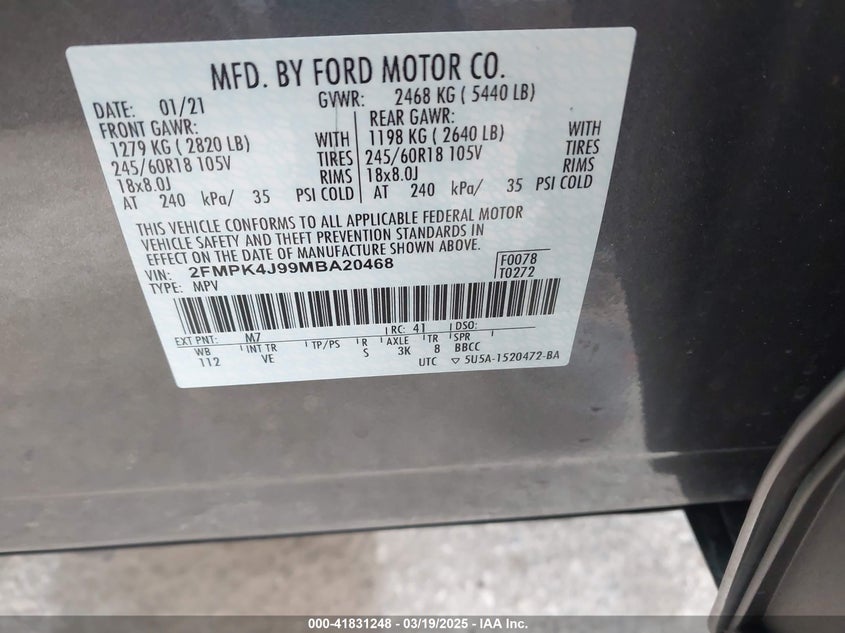 2021 Ford Edge Sel VIN: 2FMPK4J99MBA20468 Lot: 41831248