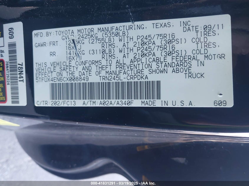 2012 TOYOTA TACOMA VIN: 5TFUX4EN6CX008849