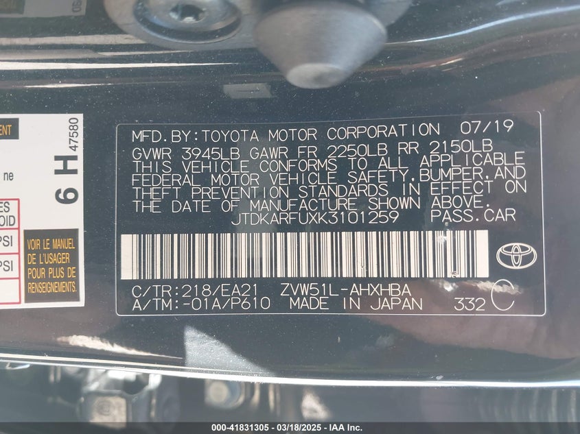 2019 TOYOTA PRIUS VIN: JTDKARFUXK3101259