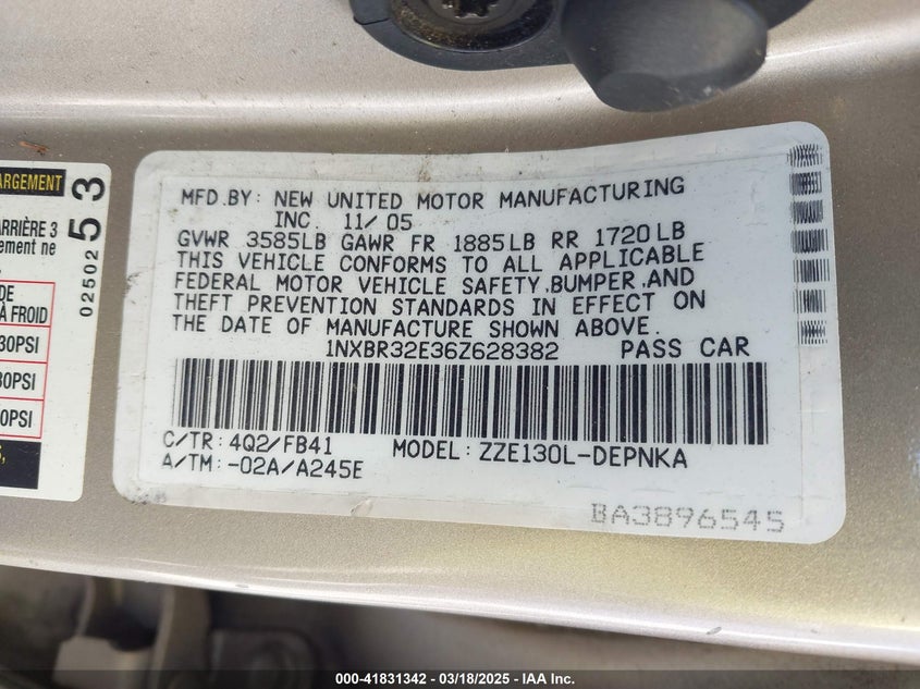 2006 TOYOTA COROLLA VIN: 1NXBR32E36Z628382