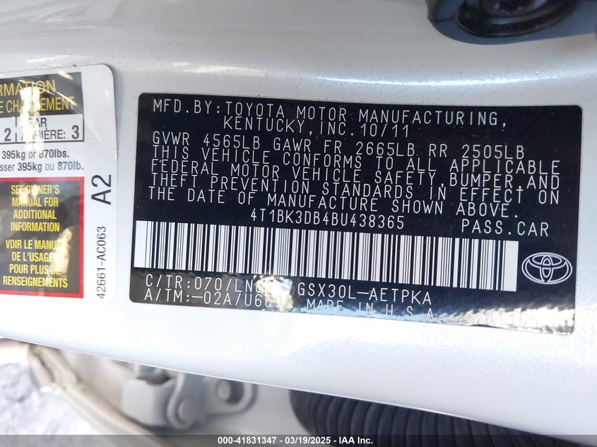2011 TOYOTA AVALON VIN: 4T1BK3DB4BU438365