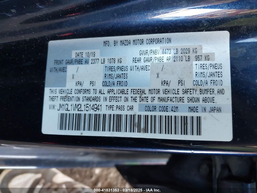 2020 Mazda Mazda6 Touring VIN: JM1GL1VM2L1514941 Lot: 41831353