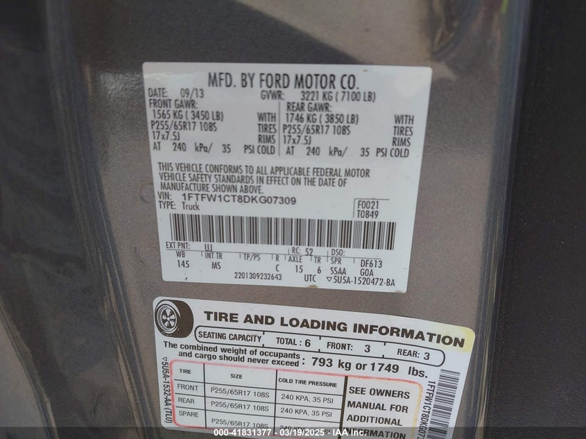 2013 FORD F150 VIN: 1FTFW1CT8DKG07309