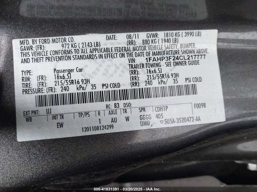 2012 FORD FOCUS VIN: 1FAHP3F24CL217777