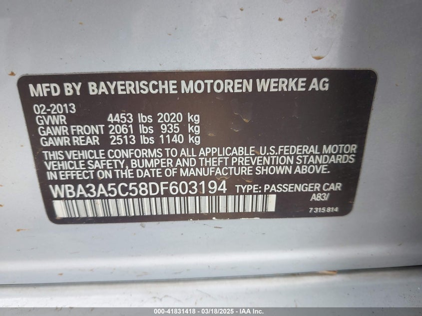 2013 BMW 328I VIN: WBA3A5C58DF603194