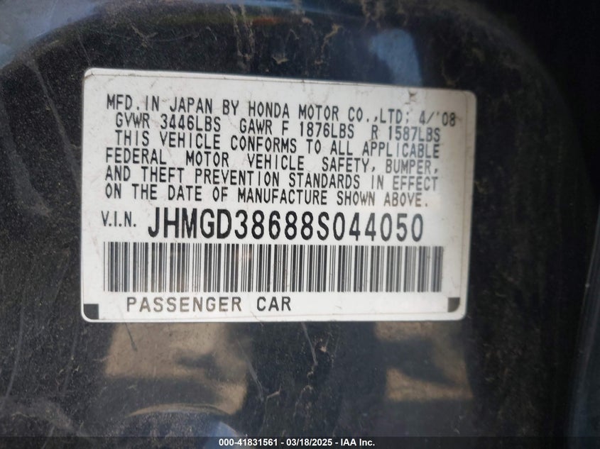 2008 HONDA FIT VIN: JHMGD38688S044050