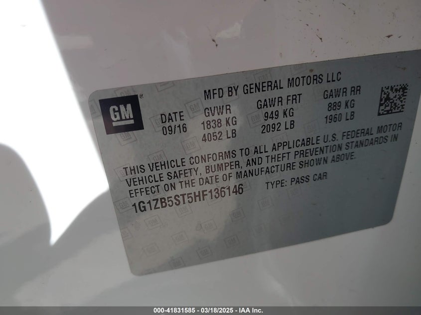 2017 CHEVROLET MALIBU VIN: 1G1ZB5ST5HF136146