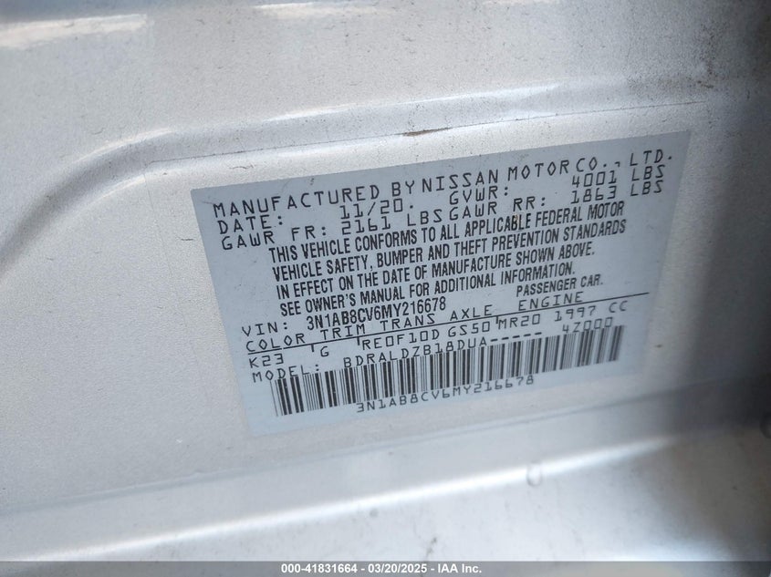 2021 NISSAN SENTRA VIN: 3N1AB8CV6MY216678