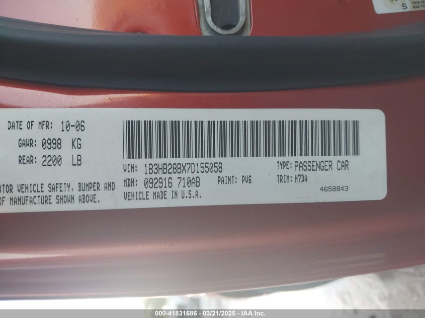 2007 DODGE CALIBER VIN: 1B3HB28BX7D155058