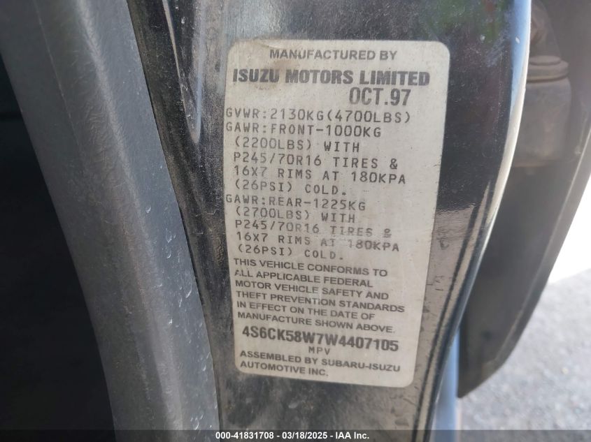 1998 Honda Passport Ex/Lx VIN: 4S6CK58W7W4407105 Lot: 41831708