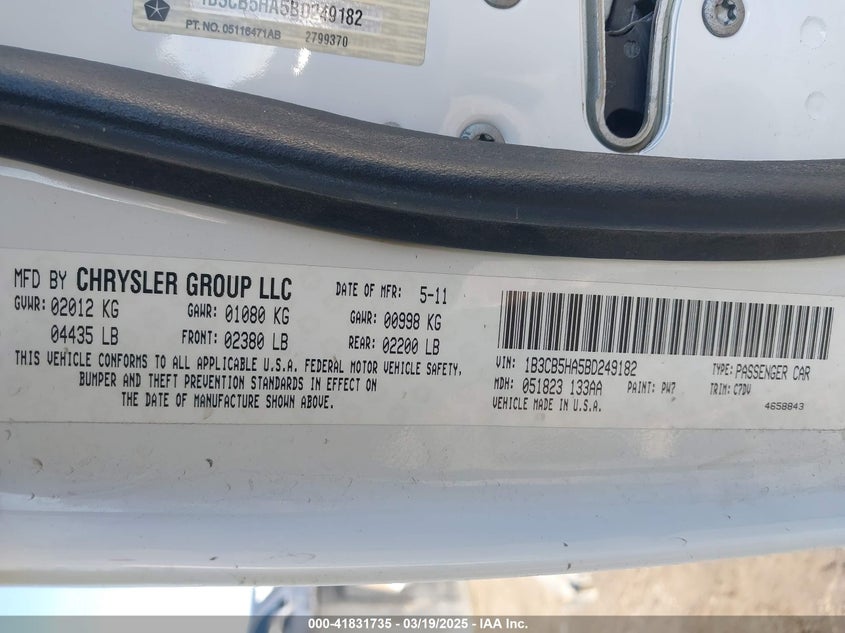 2011 DODGE CALIBER VIN: 1B3CB5HA5BD249182