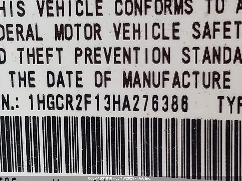 2017 HONDA ACCORD VIN: 1HGCR2F13HA276386