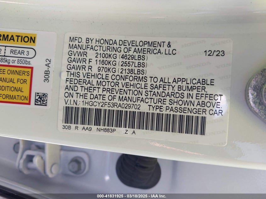 2024 HONDA ACCORD VIN: 1HGCY2F53RA029702