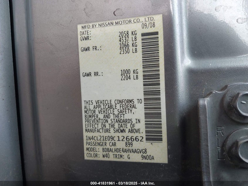 2009 NISSAN ALTIMA HYBRID VIN: 1N4CL21E09C126662