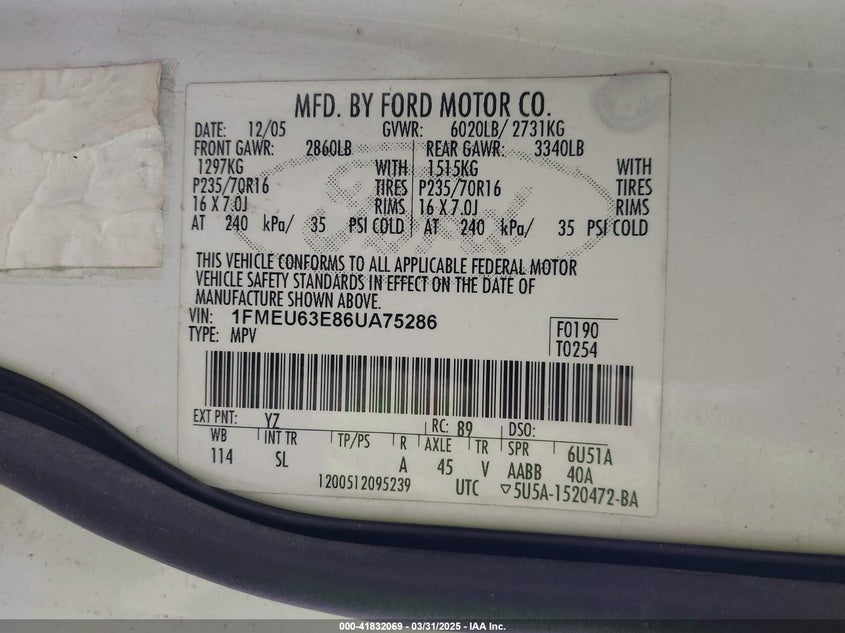 2006 FORD EXPLORER VIN: 1FMEU63E86UA75286