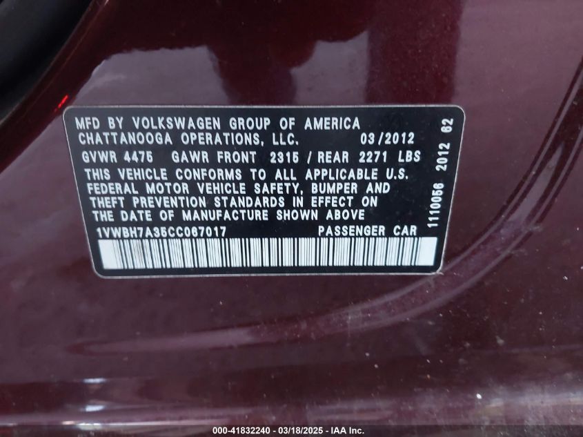2012 Volkswagen Passat 2.5L Se VIN: 1VWBH7A35CC067017 Lot: 41832240