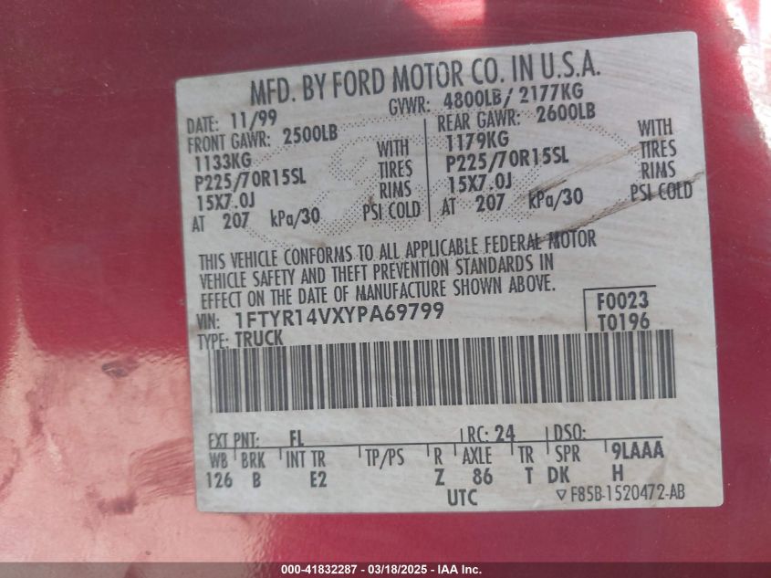 2000 Ford Ranger Xl/Xlt VIN: 1FTYR14VXYPA69799 Lot: 41832287