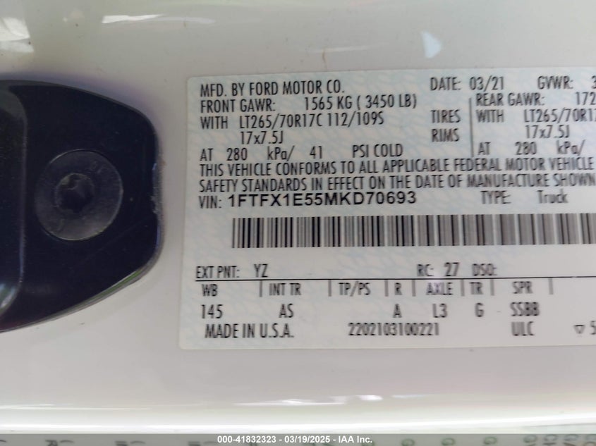 2021 FORD F-150 VIN: 1FTFX1E55MKD70693