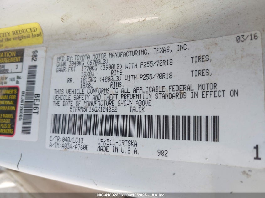 2016 TOYOTA TUNDRA SR 4.6L V8 - 5TFRM5F16GX104082