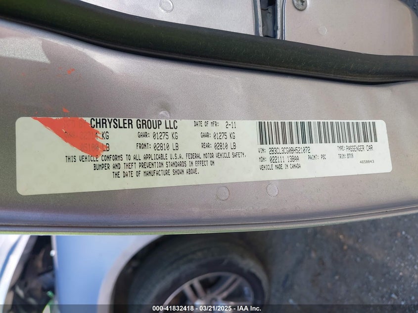 2011 Dodge Charger VIN: 2B3CL3CG0BH521072 Lot: 41832418