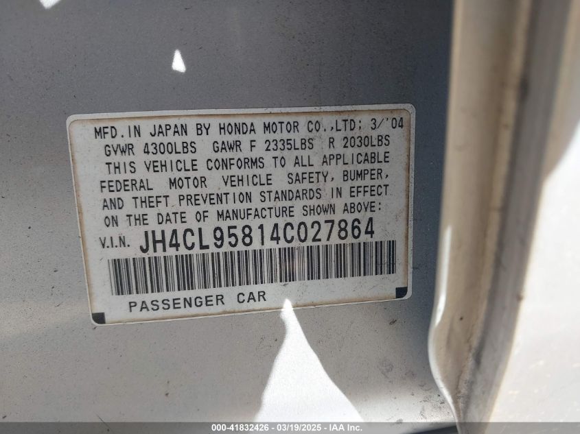 2004 Acura Tsx VIN: JH4CL95814C027864 Lot: 41832426