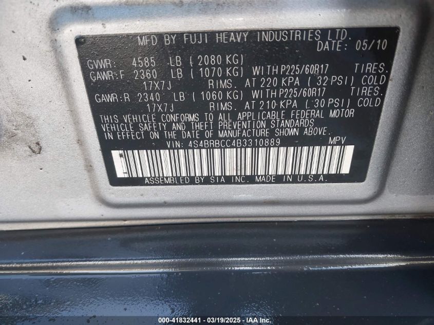 2011 Subaru Outback 2.5I Premium VIN: 4S4BRBCC4B3310889 Lot: 41832441