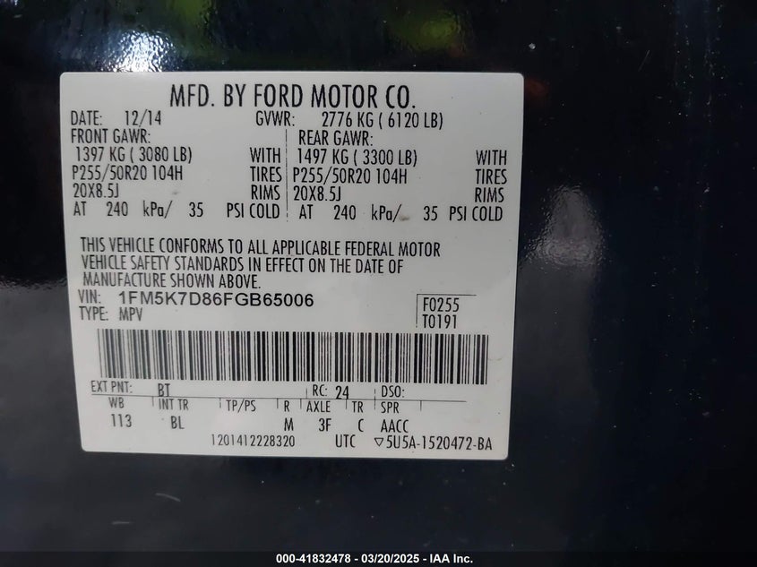 2015 FORD EXPLORER VIN: 1FM5K7D86FGB65006