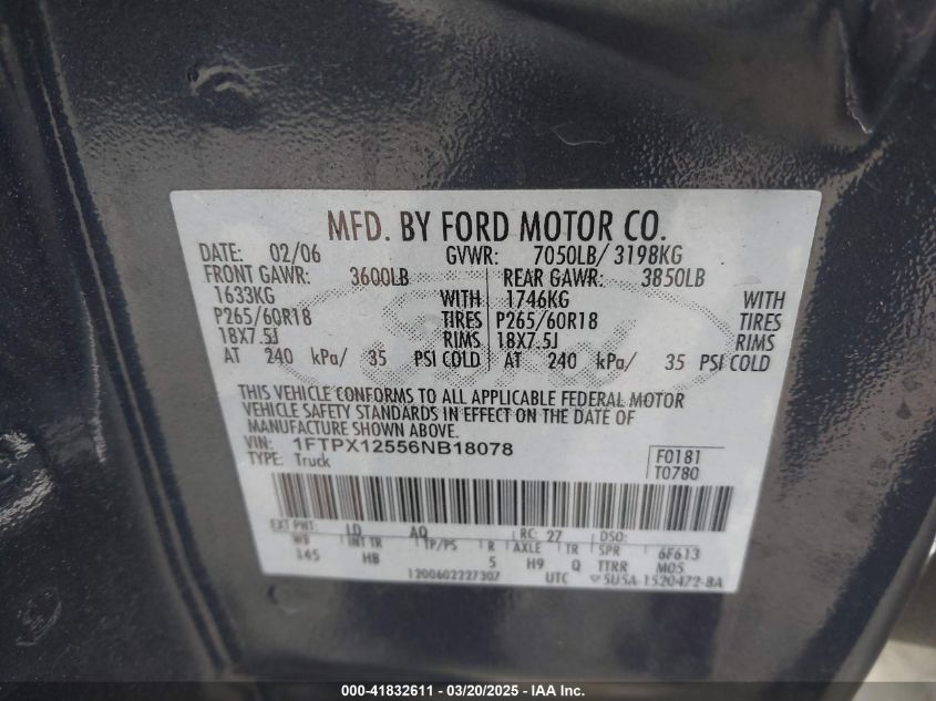 2006 Ford F-150 Lariat/Xl/Xlt VIN: 1FTPX12556NB18078 Lot: 41832611