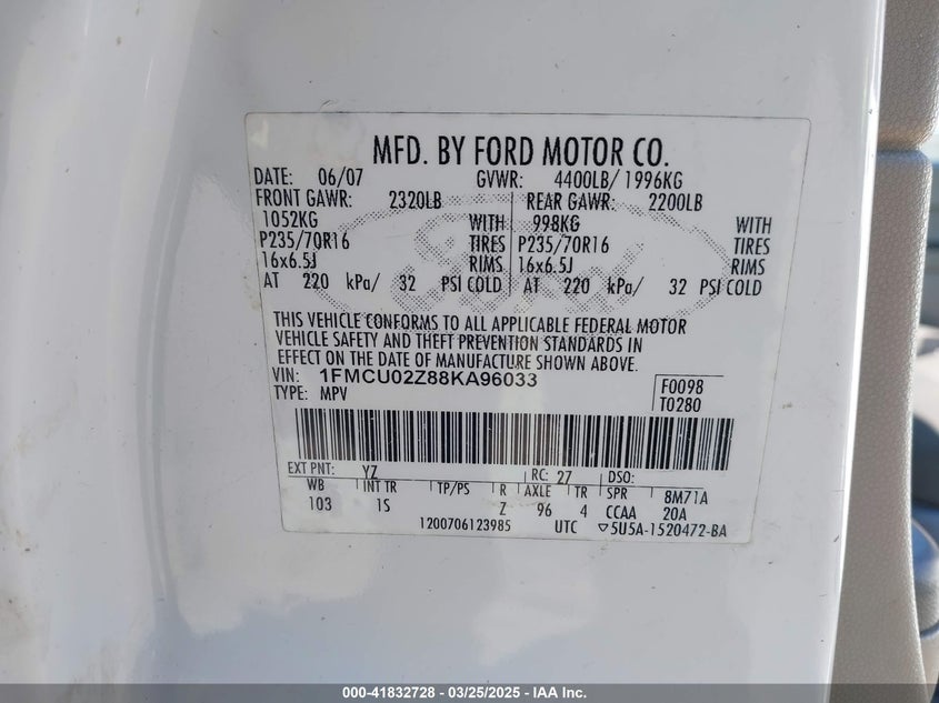 2008 FORD ESCAPE VIN: 1FMCU02Z88KA96033
