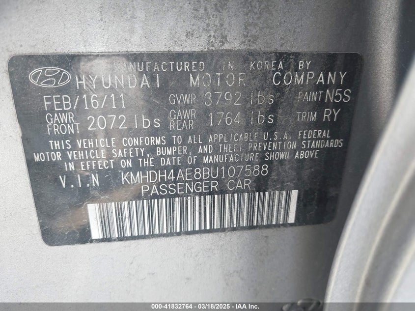 2011 HYUNDAI ELANTRA VIN: KMHDH4AE8BU107588