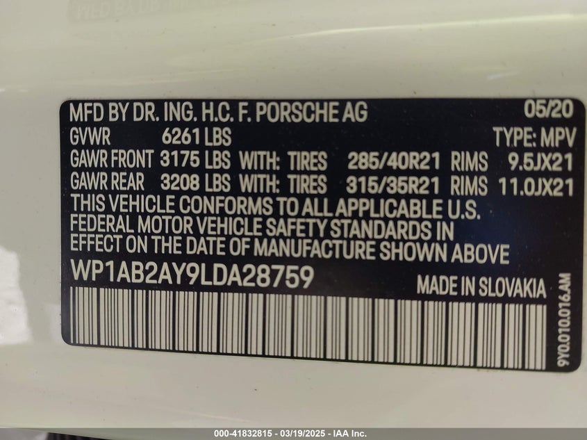 2020 PORSCHE CAYENNE VIN: WP1AB2AY9LDA28759