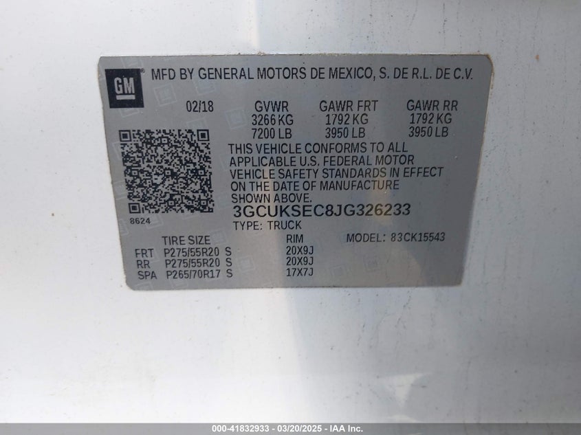 2018 CHEVROLET SILVERADO VIN: 3GCUKSEC8JG326233