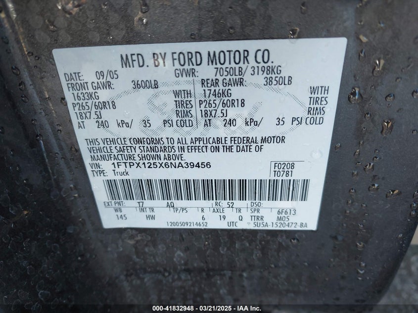 2006 FORD F150 VIN: 1FTPX125X6NA39456