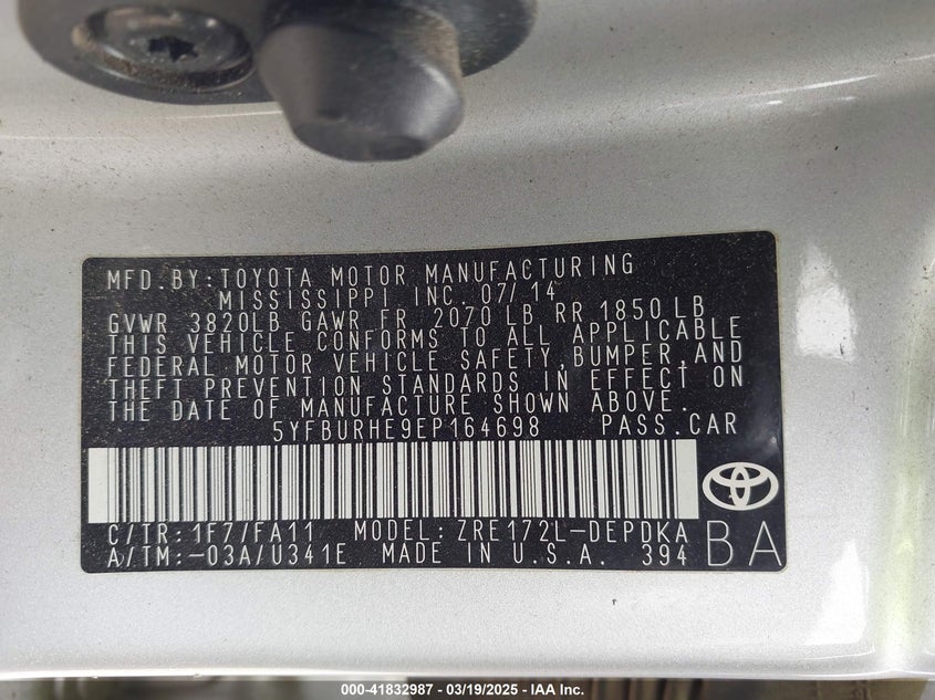 2014 TOYOTA COROLLA VIN: 5YFBURHE9EP164698
