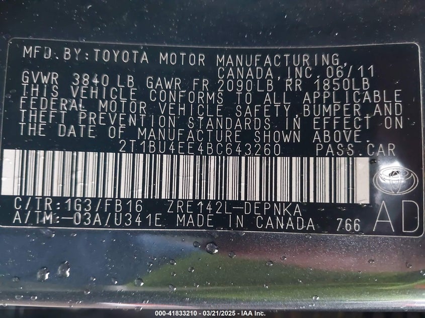 2011 TOYOTA COROLLA VIN: 2T1BU4EE4BC643260