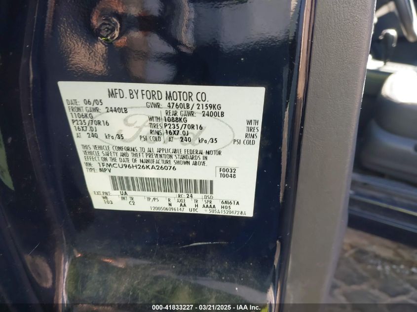 2006 Ford Escape Hybrid VIN: 1FMCU96H26KA26076 Lot: 41833227