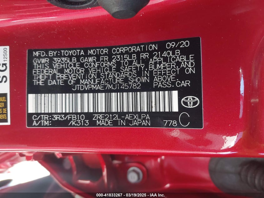 2021 TOYOTA COROLLA VIN: JTDVPMAE7MJ145782