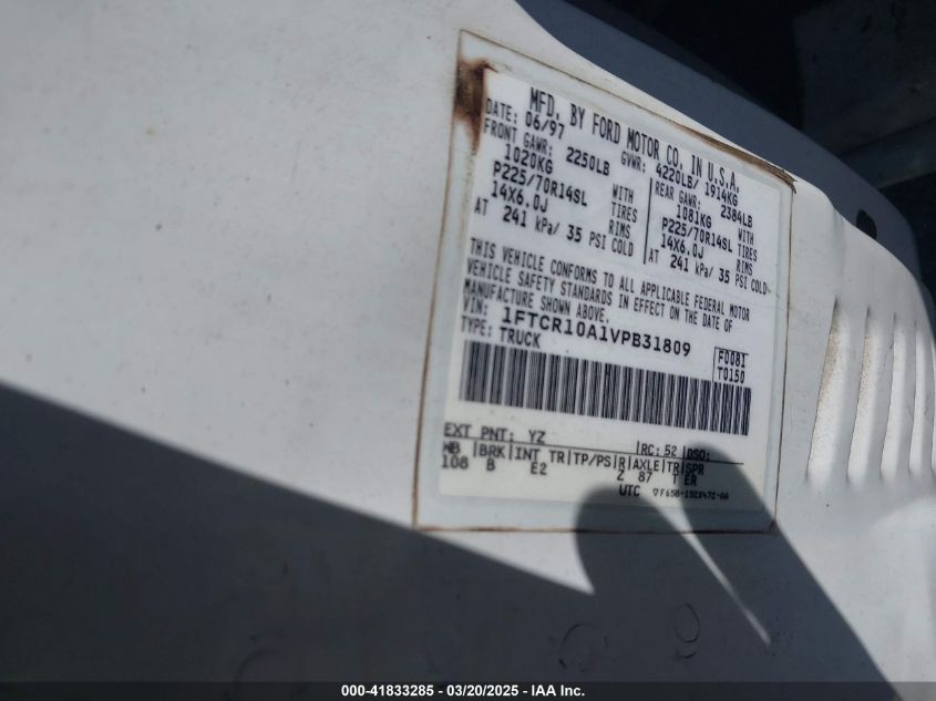 1997 Ford Ranger Splash/Xl/Xlt VIN: 1FTCR10A1VPB31809 Lot: 41833285